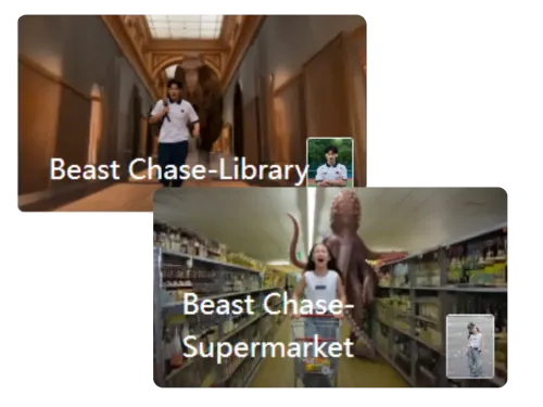 AI Beast Chase scene options with library and supermarket environments