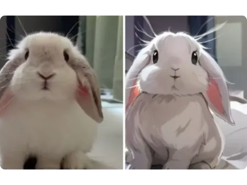 AISaver AI Image to Anime - Real rabbit vs anime - styled rabbit, highlighting conversion magic.